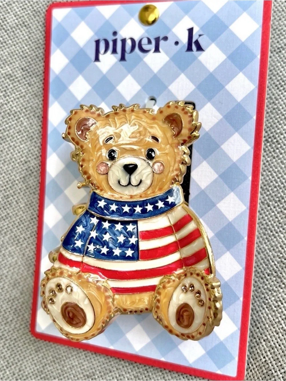 NWT Piper K Teddy Bear American Flag Patriotic Gold Metal claw jaw clip